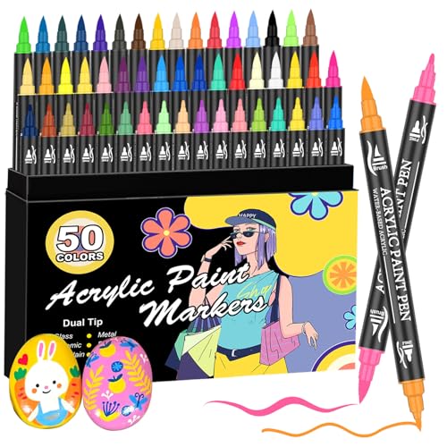 Juego de 50 lápices acrílicos de doble punta con punta fina y pincel, lápices acrílicos resistentes al agua para pintar piedras, madera, plástico, pintura de tela y proyectos de