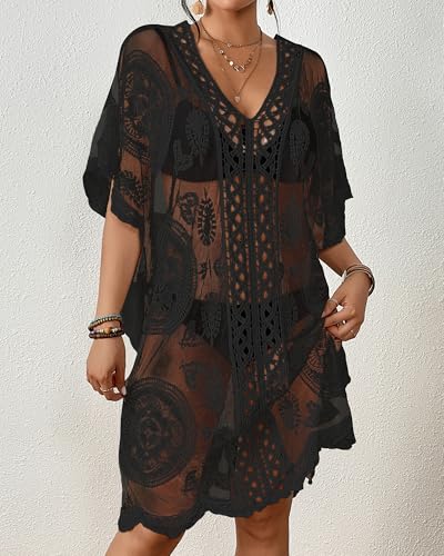 Bsubseach Lace Swimsuit Cover Up for Women 2025 Bathing Suit Coverup Dress V Neck Summer Sheer Beach Dresses4
