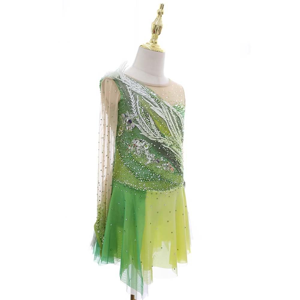 Vestido de Patinaje artístico, Gancho de Mezcla de Gasa de Cuello de Diamante de Diamante Degradado Traje de competición