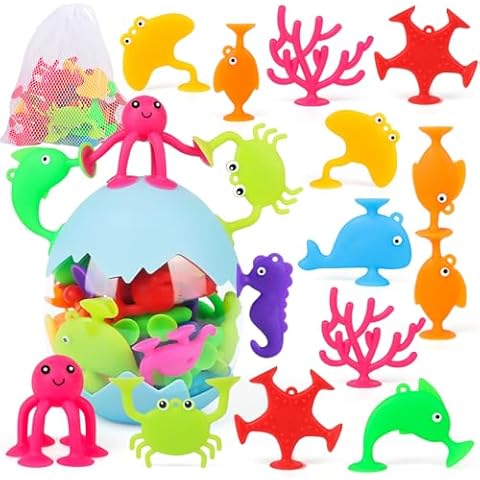 Toddler Suction Bath Toys, No Hole Bathtub Shower Toys for Kids Ages 3+, 24PCS Ocean Suction Cup Toys with Eggshell & Bag, Window Travel Sensory Building Birthday Gifts for Boys Girls Aged 4 5 6+ Cover
