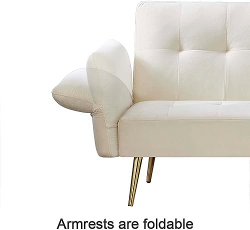 Miniatura 4 de Sofá cama futón convertible de terciopelo, moderno sofá biplaza reclinable con reposabrazos ajustables, 4 bolsillos laterales, sofá cama plegable