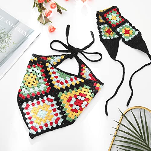 Haimeikang Crochet Hair Bandanas For Women-2 Pcs Hippie Headbands Head Kerchief Knitted Hair Scarves Floral Bandana Headbands For Girls（Black） #TOP6