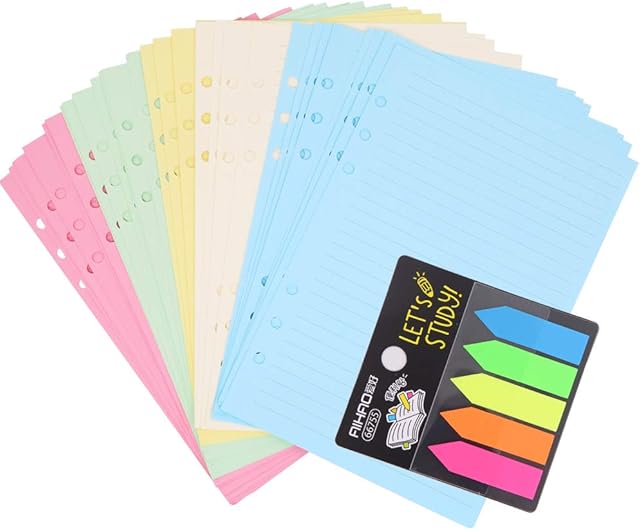 100 Sheet Colored A5 Refills Paper,6 Punched Holes 8.26x5.59 Inch Notepaper, Loose-Leaf Refillable Lined Paper and 100 Pcs Note Flags Index Tabs for Notes Meeting Travel Record