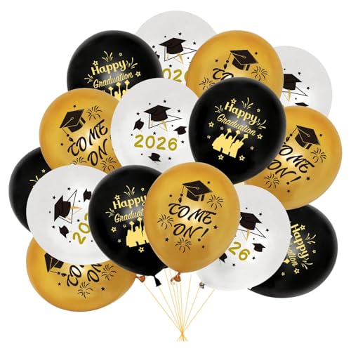 15Pcs Graduation Decorations 2026 Balloons Black Gold White Happy Graduation Balloons 12 Inch Class of 2026 Latex Party Balloons Prom Decorations 2026 for Graduations Party Decorations