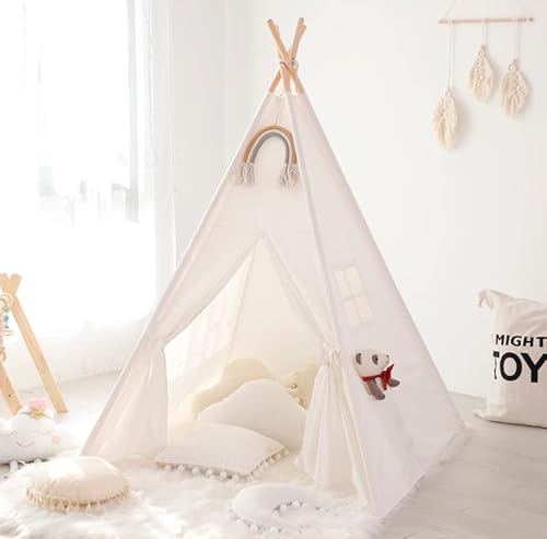 Teepee Tent for Kids Without Mat,Foldable Play Tents for Girl and Boy with Carrybag,Canvas Tipi Playhouse for Children Indoor Outdoor(White)