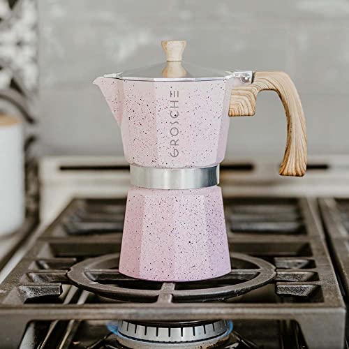 Image of GROSCHE Milano Moka pot, Stovetop Espresso maker, Greca Coffee Maker, Stovetop coffee maker and espresso maker percolator (Pink, 9 cup)