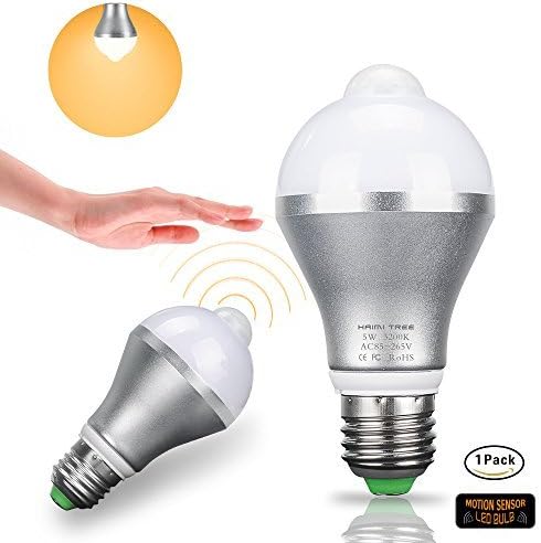 Motion Sensor Light Bulb,HAIMI TREE 5W E26/E27 Smart PIR LED Bulbs Auto On/Off Night Lights for Stairs Garage Corridor Walkway Yard Hallway Patio Carport (Warm White)
