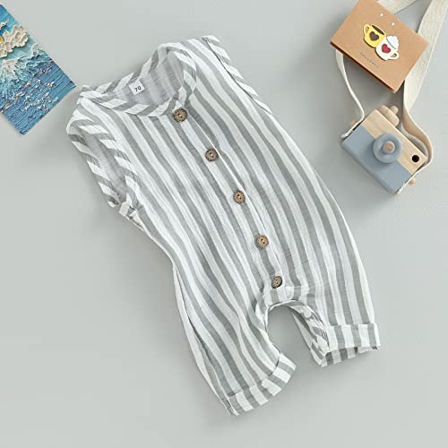 Infant Baby Boys Girls Cotton Linen Jumpsuits Sleeveless Button Down Striped Short Overalls Romper Summer Fall Outfits3
