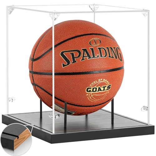 Basketball Display Case Acrylic Clear UV Protected Basketball Box with Solid Wood Base & Full Size Soccer Display Stand for NBA WNBA Ball Memorabilia Keepsake Ideal Gift Black