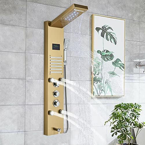 Wieoc Shower panel tower system LED rainproof and waterfall massage Jet spraye stainless steel shower column-Brushed Gold