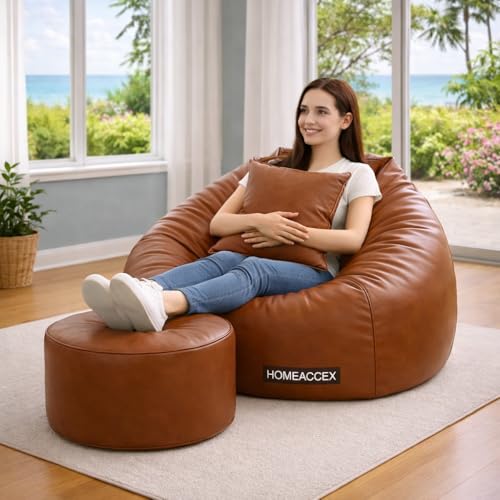 Image of 4XL Rexin Leather Filled Bean Bag with Footrest & Cushion Jumbo Bean Bag with Filled Beans, Capacity Upto 130 Kg Weight, Brown