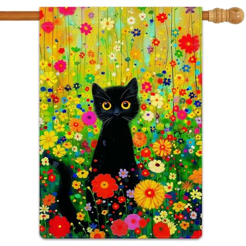Jauageon Spring Summer Black Cat Garden Flag Colorful Floral Garden