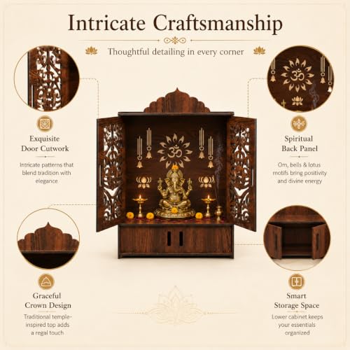 Image of The Castle Decor Wooden Mandir for Home, Wall Hanging & Tabletop Pooja Temple with Double Doors, Om & Lotus Cutwork, Storage Cabinet, Dark Walnut MDF for Pooja Room, 10.6 x 20 x 16.7 Inch (Design-7)