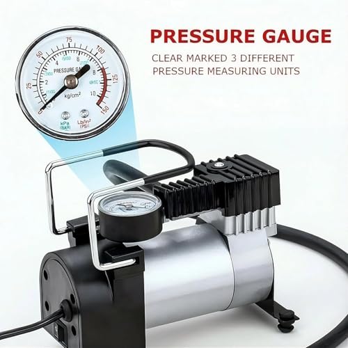 Image of 12V DC Heavy Duty Metal Tyre Inflator Air Compressor Pump for Tata Punch, Portable Fast Car Tyre Air Pump with Pressure Gauge