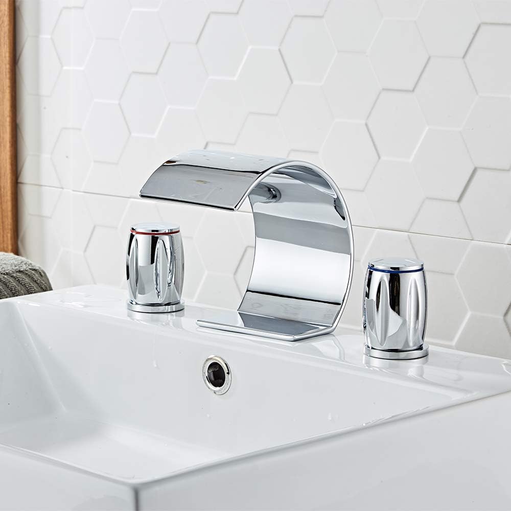 🔥 YANNLII Chrome Widespread Waterfall Bathroom Sink Faucet,Two Handle Three Hole Lavatory Faucet,8-16 Inch Basin Mixer Tap with Pop Up Drain