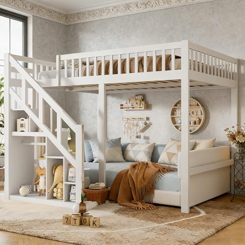 DULRLLY Lit Mezzanine 90x200 cm, Multifonctionnel Lit Superposé Enfant avec Escaliers de Rangement et Barrière de Sécurité, Sommier à Lattes en Bois, Lit...