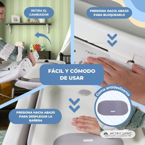 Miniatura 9 de Mobiclinic Kids, Cambiador De Bebés Con Bañera 2 En 1, Trendy, Ajustable 4 Alturas, Termómetro, Ruedas Freno, Cesta Almacenamiento, Hasta 50 Kg, Tubo Desagüe, 0-36 Meses