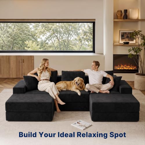 Image of Living&Giving 101 inch U-Shaped Cloud Sectional Couch for Living Room, Cloud Boneless Couch-No Assembly with Reversible Chaise, Customizable 3-Seat Modular Sectional Sofa with 2 Ottoman, Black