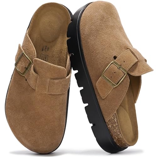 Project Cloud 100% Genuine Leather Platform Clogs for Women Footwear - Memory Foam Arch Support Cork Footbed Casual Shoes & Mules for Women 2026 (Benton Chunky, TAN, 7)