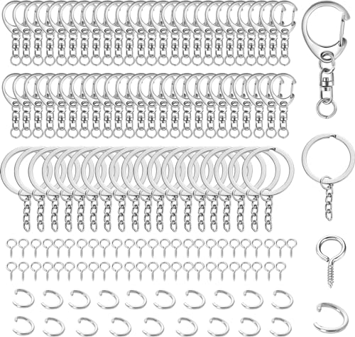 [RISOUHE]キーホルダー金具 キーホルダーパーツ 140部品入り キーリングアクセサリー ネジヒートン DIY 手芸用品 手作りキーホルダーパーツ パーツ ゴールドシルバー 回転カン 丸カン付き シルバー (140)のサムネイル