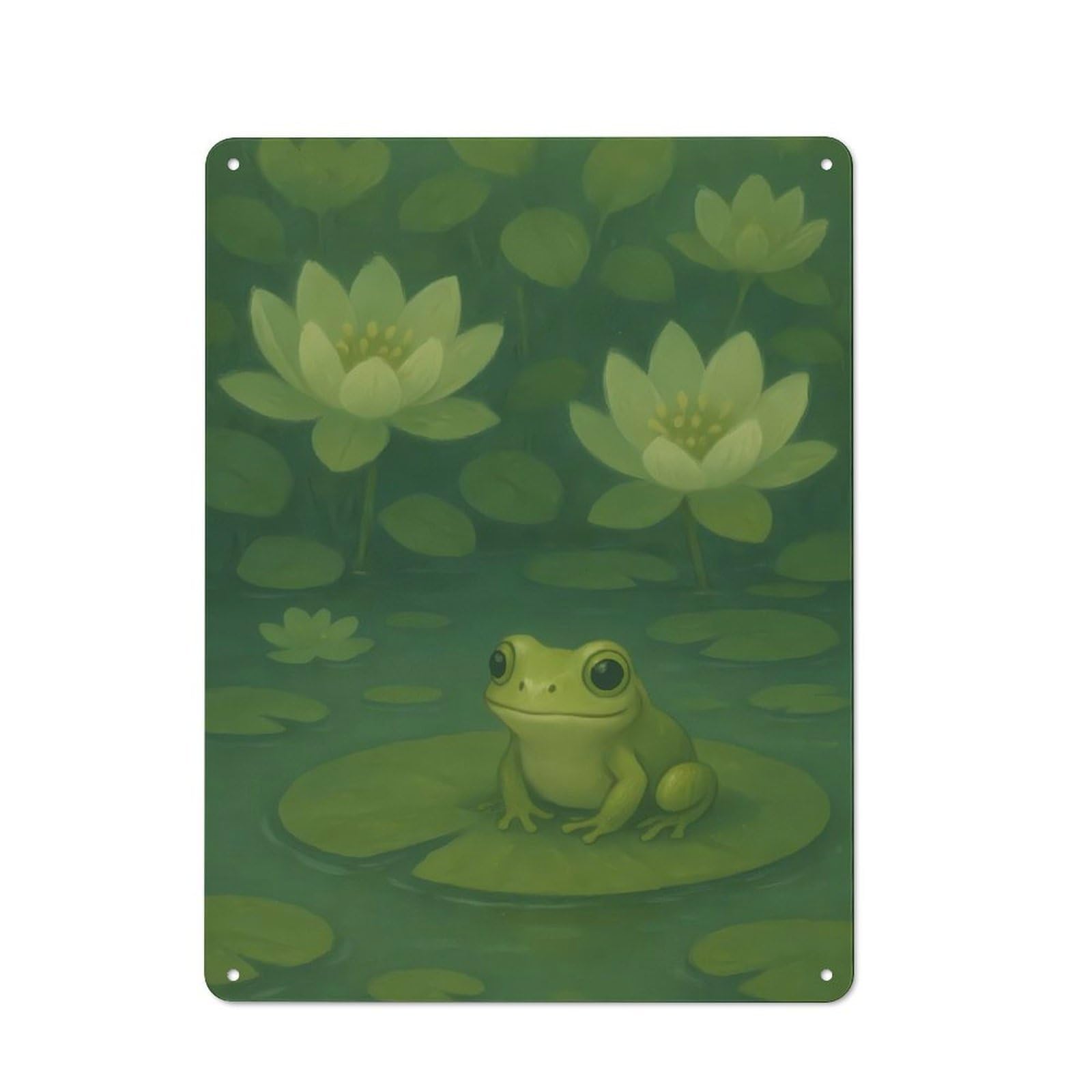 Junmoney Frog On Lily Pad Illustration Tin Sign 40X30cm With For Café Or Home Bar, Rustic Decor, For Café-Style Decor Fans