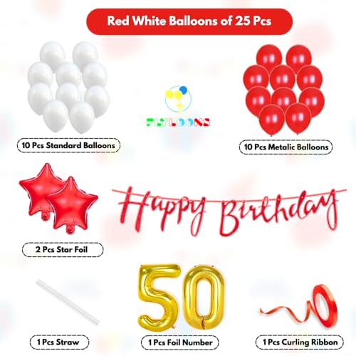 Image of Flyloons 50th Happy Birthday Decoration Kit Red White for Boys Girls Men Women Adults With 20 Pcs Metallic Balloons Birthday Banner 2 Pcs Star Items Set