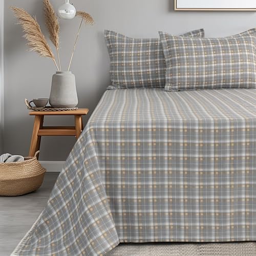 Image of Cortina Cloud Cotton King Size Bedsheet with 2 Pillow Covers | Super Soft, Breathable & Skin-Friendly Bedsheet for Double Bed King Size with Grey Checks Design | (270x250 cm)