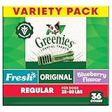 Greenies Veterinarian-Recommended Adult Natural Dental Dog Treats Regular Size, Fresh Flavor, Original Flavor, and Blueberry Flavor, (3) 12 oz. Packs, 36 Count