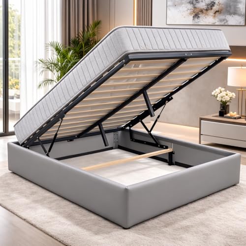Provence literie Ensemble Lit Coffre et Matelas 120x190 cm - Couleur : Gris - Sommier Relevable avec Vérins Hydrauliques - Matelas Mousse Soutien Ferme Face...