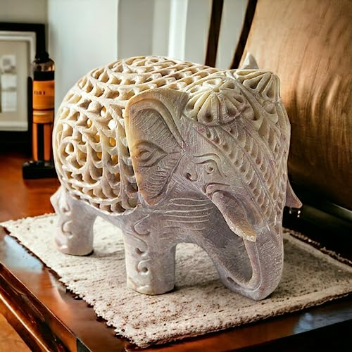 Shopstone Elephant Figurines Handmade in Jali Or Openwork from A Single Block of Stone from India, White, 12 Cm, 10 Cm Shopstone Elephant Figurines Handmade in Jali Or Openwork from A Single Block of Stone from India, White, 12 Cm, 10 Cm