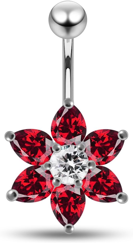 Fancy Six Petals Flower Design 925 Sterling Silver with Stainless Steel Belly Ring - Belly Button jewelry - Navel jewelry