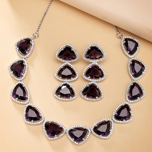 Image of ZENEME Rhodium Plated Silver Toned Triangular Shaped American Diamond Studded Jewellery Set For Women and Girl