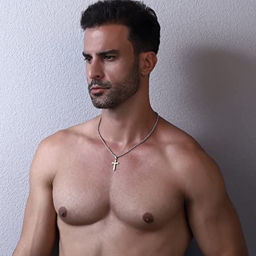 P.BLAKE 2 Pcs Cross Necklace With Chain for Men Boys, Layered Mens Stainless Steel Figaro Link Rope Chain 16-24 Inch Christian Religious Cross Pendant Necklaces Jewelry Gifts