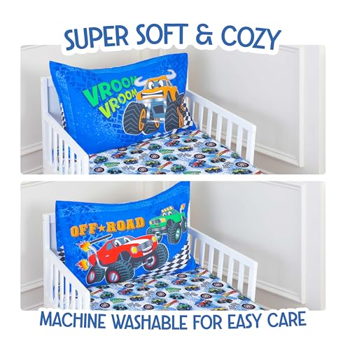 Image of Todays Kids Monster Trucks Bedding Toddler Bed Sheets - 2-Piece Toddler Bed Sets for Boys Crib Size, Fitted Crib Sheet & 20x30 Pillowcase, Soft Breathable & Fade-Resistant Microfiber, Machine Washable