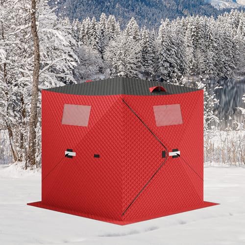 Insulated Pop-Up Ice Fishing Tent for 3-4 Persons, Portable Waterproof Oxford Winter Shelter, Quick Setup Portable Ice Fishing Shelter with Zippered Door, Carry Bag, Anchors, Wind Ropes, Red by COZONY - Used condition - US$72.06