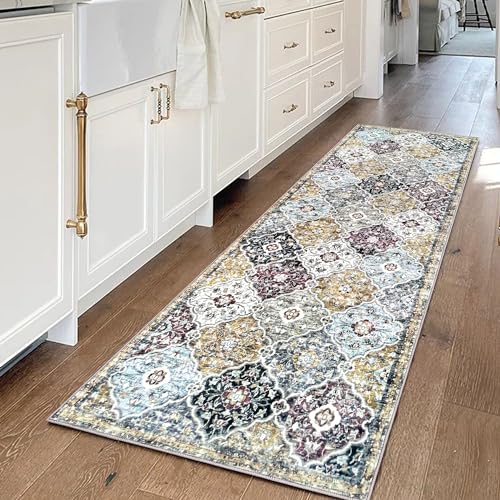 KILOCOCO 2x6 Runner Rug, Moroccan Super Soft Washable Hallway Entryway Runner Rug, Accent Print Faux Wool Kitchen Runner Rug 6 Feet Non-Slip Boho Rug Runners for Laundry Room Bedroom, Gold/Multi