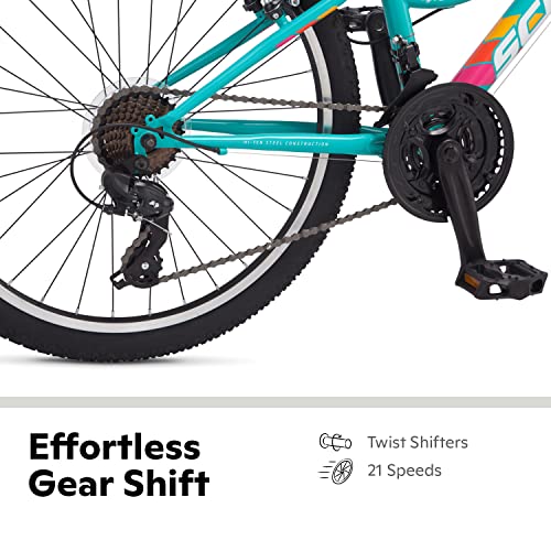 Image of Schwinn High Timber Mountain Bike for Youth Boys Girls, 24-Inch Wheels, 21-Speeds, Front Suspension, Steel Frame and Alloy Linear Pull Brakes, Teal