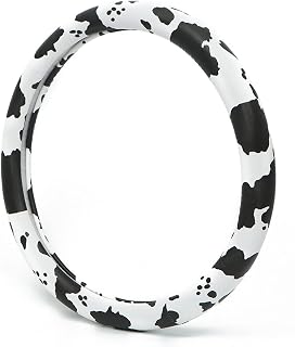 Dotesy Leather Cow Pattern Steering Wheel Cover Protector Cow Print Car Accessories Anti Slip Universal for 36.5-38cm (Black White)