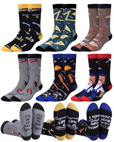 Skicuff 6 Pairs Carpenter Socks for Men Novelty Woodworker Cotton Crew Socks with Chainsaw...