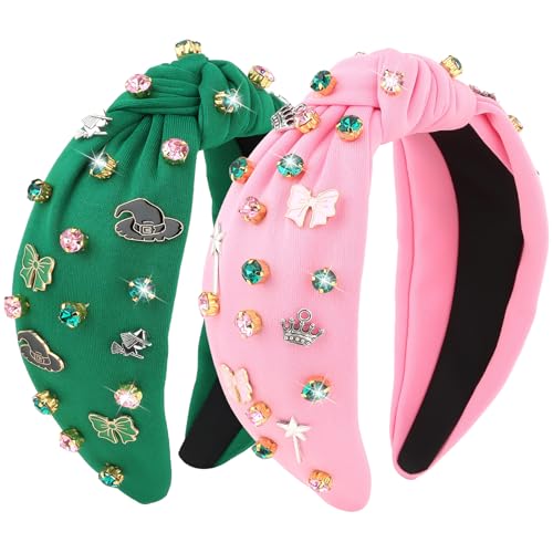Jaciya Pink and Green Knotted Headbands with Rhinestones and Charms Witch Headbands for Women Witch Theme Party Decorations