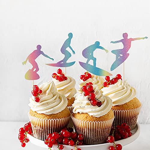 Bejotaa Glitter 24 Piece Happy Birthday Surfboard Cake Topper ，Summer Themed Beach Surfing Theme Hawaii Party Birthday Sport Cupcake (Colour) #TOP5