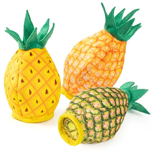 Image of No Stuffing 3pc Squeaky Dog Toys 2 in 1 Interactive Plush Dog Toy Pineapple Shaped Rip&Reveal Toy for Boredom- Perfect for Chew&Fetch Play