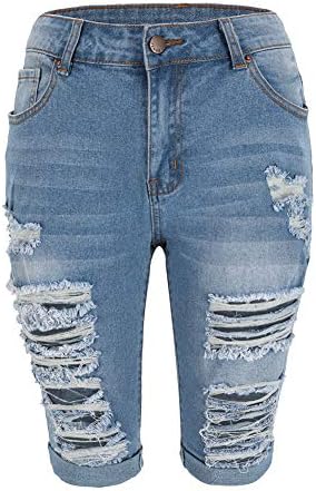 THUNDER STAR Womens Denim Ripped Bermuda Shorts Distressed Knee Length Stretch Short Jeans Blue5 XL