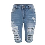THUNDER STAR Womens Denim Ripped Bermuda Shorts Distressed Knee Length Stretch Short Jeans Blue5 XL