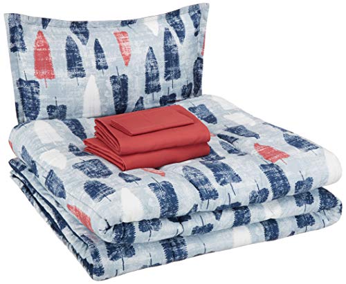 Amazon Basics Kid's Easy Care Microfiber Bed-in-a-Bag 5-Piece Bedding Set, Twin, Red and Blue Feathers