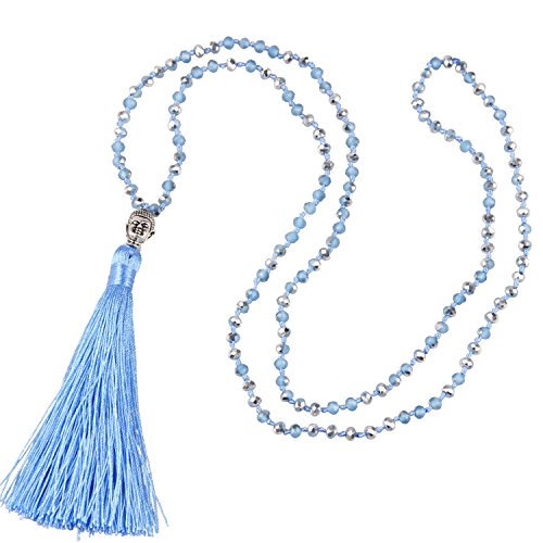 KELITCH Womens Crystal Necklace Tassel Necklaces Silver Buddha Necklace Handmade Long Necklaces Jewelry