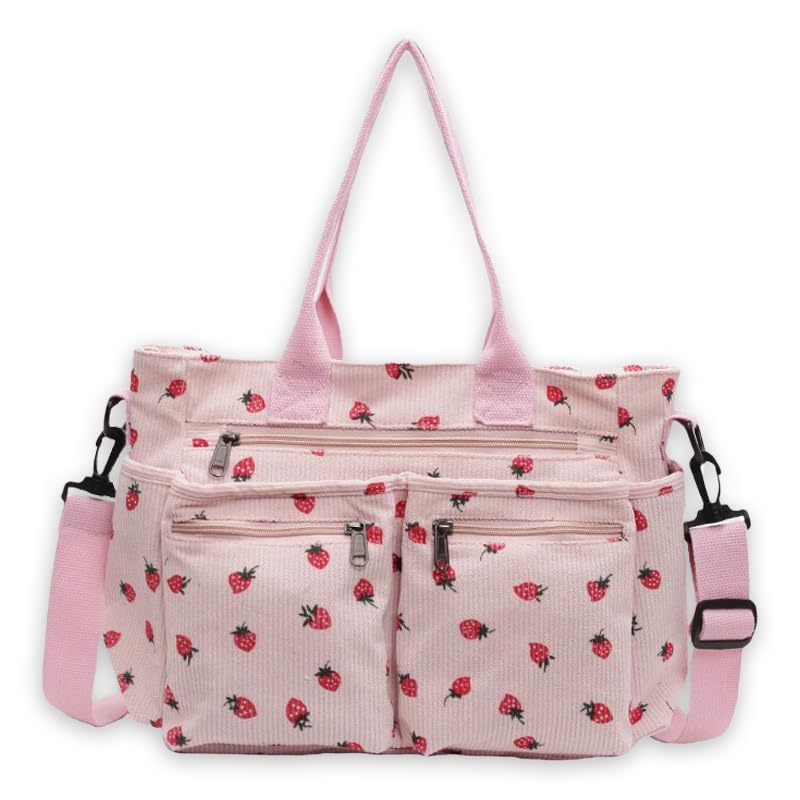 Corduroy Strawberry Tote Bag For Women,Multi Pocket Kawaii Crossbody Bag,Large Capacity Strawberry Shoulder Purse Handbag Bag