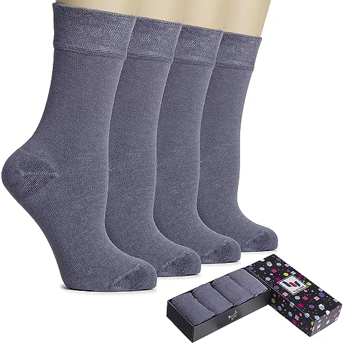 Image of Hugh Ugoli Women's Rayon Thin Crew Socks for Dress Business & Trouser, Seamless Toe, 4 Pairs in Gift Box