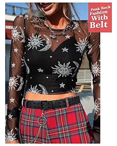 Women's Double Grommet Punk Belt with Chain Genuine Leather for Jeans3