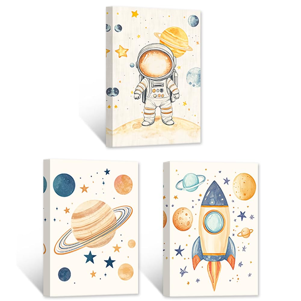 CCWACPP 3 paneles de decoración de pared de astronauta, lienzo de astronauta, impresión de planeta, cohete, obra de arte de astronauta, habitación de niños y niñas, decoración enmarcada (28 x 35 cm)